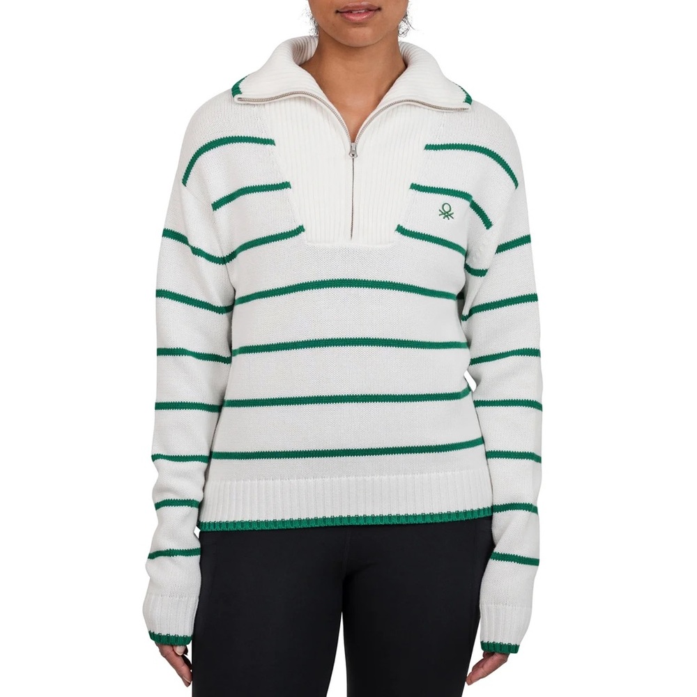 United Colors of Benetton White and Green Striped Cotton Sweater